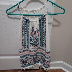 Embroidered Floral Sleeveless Top - White and Blue